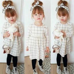 Pudcoco Girl Dress Toddler Kids Baby Girl Cartoon Plaid Cotton Long Sleeve Dress Outfits Clothes Q0716