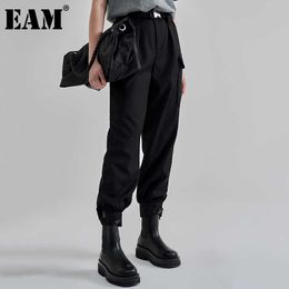 [EAM] High Elastic Waist Black Casual Long Harem Trousers New Loose Fit Pants Women Fashion Tide Spring Summer 2021 1DE0868 Q0801
