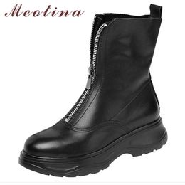 Meotina Autumn Ankle Boots Women Natural Genuine Leather Flat Platform Short Boots Zipper Round Toe Shoes Lady Autumn Size 34-42 210608