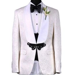 Real Photo Ivory Paisley Groom Tuxedos Handsome Men's Evening Dress Toast Suit Party Blazer Clothes (Jacket+Pants+Vest+Tie) NO:089