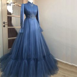 Full Sleeve Muslim Evening Dresses High Collar Tulle Middel East Kaftan Turky Formal Gown Lace Appliques Pleat Prom Dress 2022