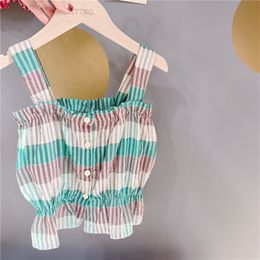 Summer cute girls cotton thin striped vests pure 2 colors casual slip waiscoats 210508