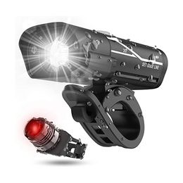 USB Rechargeable LED Bike Lighting + Taillight with Floodlight & Spotlight 5 Adjustable Modes Waterproof IPX4 Bikes Headlight fit for All Bicycles