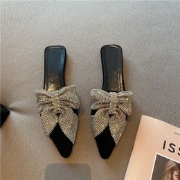 2021 Women Slippers Luxury Rhinestone Mules Flats Slides Shoes For Woman Fashion Pointed Toe Slip On Female Flat Heel Slippers CXET3434Y