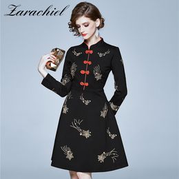 Vintage Golden Star Embroidery Autumn Spring Women Elegant Mandarin Collar Buckle Wrist Sleeve Female A-line Dress Vestido 210416