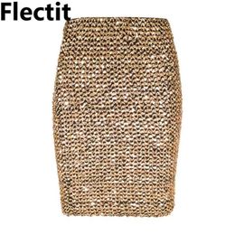 Flectit Womens Skirts Gold Sequined Mini Bodycon Pencil Short Wrap for Office Lady Party Girl Saia 210621