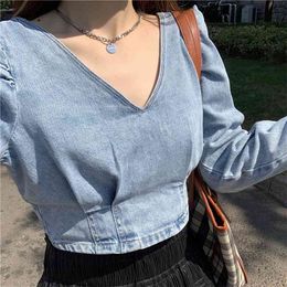 Denim Jeans Cropped Tops Women Back Zipper V-Neck Blouse Plus Size Crop Top Autumn Long Sleeve Street Wear Short Shirts 210601