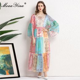 Women's Summer Retro Vacation Dresses Loose Long sleeve Colorblock printing High waist Chiffon Maxi Dress 210524
