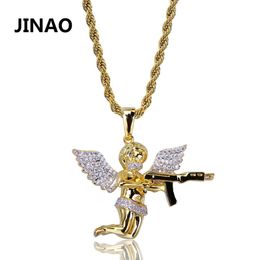 JINAO Hip Hop Copper Gold Colour Plated Iced Out Micro Pave CZ Stone Angel Wing With Full Pendant Necklace for Men Women X0509