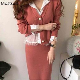 Korean Vintage Elegant Two Piece Sets Women V-neck Cardigan + High Waist Skirt Suits Fashion Ladies Outfits Mujer 210513