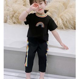 Summer Suit Rainbow Print Top+Trousers 2Pcs Clothing Sets Sportswear Baby Clothes Kids Girls 210528