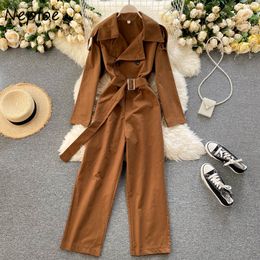 Neploe Elegant Notched Collar Double Breasted Chic Sashes Bodysuit Slim Waist Cargo Pants Hong Kong Style Retro Jumpsuit Women 210423