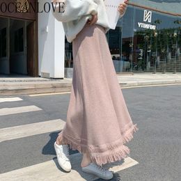 skirts women autumn winter solid tassel long skirt knitted korean sweet a-line mujer faldas elegant 17912 210415