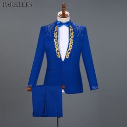 Diamond Royal Blue Men Suit Set Gold Embroidered Wedding Mens Slim Fit Tuxedo Mens Suits with Pants Prom Show Stage Costume Male 210524