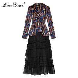Fashion Designer Suit Autumn Winter Women Long sleeve Stripe Print Tops+Mesh Skirt Two-piece set 210524