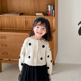 Spring Girls Sweet Dot Single Breasted Sweaters Children Soft Casual Knit Cardigan Coats 210615
