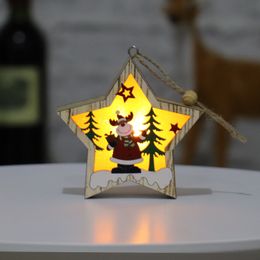 クリスマスの木製の飾り木製Pentagramの発光サンタ雪だるま鹿ペンダントメリークリスマス木製装飾ライトGGE1697