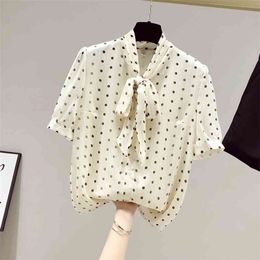 Summer Fashion Women's Bow Short Sleeves Polka Dot Chiffon Shirt Office Ladies Casual Shirts Tops 210428