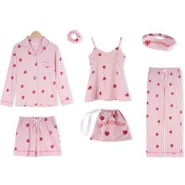 Print Strawberry Pyjama Pour Femme Spring 7PCS Pajamas Suit Intimate Lingerie Casual Pink Sweet Pink Nightwear Pyjamas Q0706