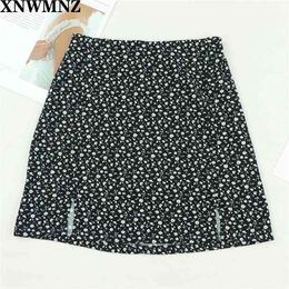 202 harajuku White Floral Print Black skirts womens Streetwear Slim Women A-line Skirt High Waist Split Short Mini shei 210520