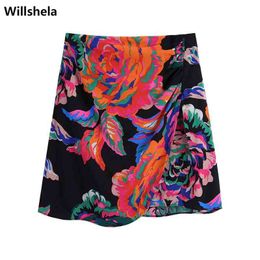 Willshela Women Fashion Floral Printed Mini Skirt High-waist Back Zipper Irregular hem Chic Lady Woman Elegant Short skirts G220309
