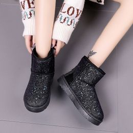 Snow Boots Women Winter Flat Shoes Female Sequined Cloth Ankle Boots Warm Plush Ankle Boot Round Toe Antiskid Black Pink Grey