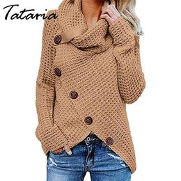 1 WOMEN Button Turtleneck Knitted Sweater Female Asymmetric Hem Wrap Pullover Tops Women Jumpers 210514