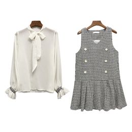 Autumn Solid Flare Long Sleeve Shirt Elegant Short Mini Vest Tweed Plaid Ruched Dress 2 Piece Set Black Pink T0209 210514