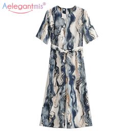 Aelegantmis Print Long Dress Women Sashes Vintage Loose Elegant Short Sleeve Dresses Soft High Quality Vestidos Mujer 210607