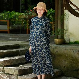 Johnature Autumn Chinese Style Retro Print Stand Plate Buckle Dresses Loose Comfortable Long Sleeve Women Fashion Dress 210521