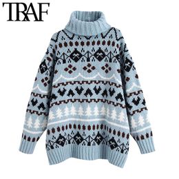 TRAF Women Fashion Oversized Jacquard Knitted Sweater Vintage High Neck Long Sleeve Female Pullovers Chic Tops 210415