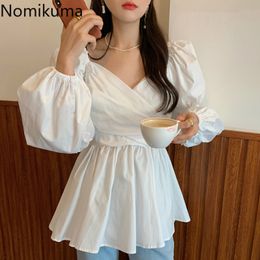 Nomikuma Vintage Elegant V-neck Blouse Shirt Causal Cross Pleated Slim Waist Women Tops Spring New Puff Sleeve Blusas 6E025 210427