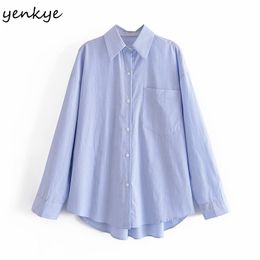 Spring Blue Striped Blouse Shirt Women Long Sleeve Pocket Casual Poplin Blouses Female Vintage Oversize Blusas 210514