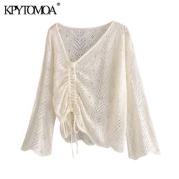 Women Fashion With Drawstring Hollow Out Irregular Knitted Sweater Long Sleeve Female Pullovers Chic Tops 210420