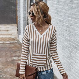 Vintage Stripe Women T-Shirts Sexy V-Neck Long Sleeve Patchwork Woman Tshirts Fashion Clothing 210526