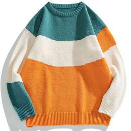 Winter Men O-Neck Oversized Sweater Hip Hop Harajuku Streetwear Korean Style Loose Warm Patchwork Pullover Knitwear 210812
