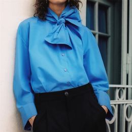 Women Summer Solid Loose Blouses Shirts Tops Long Sleeve Bow Tie Poplin Fashion Vintage Female Street Top Tunic Blusas 210513