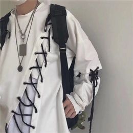 Idopy Japanese Fashion Men`s Street Style Lace Hoodie Punk Loose Fit Pullover Designer Colorful Hip Hop Sweatshirts 211014