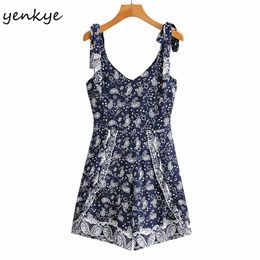 Vintage Print Women Jumpsuit Sexy Sleeveless V Neck Holiday Summer Jumpsuits Short Playsuit Casual monos mujer 210514