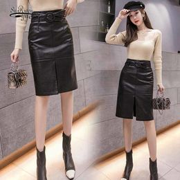 Sexy Mid-length PU Leather Black Skirt Autumn Winter Fashion High Waist Slim A-line Chic Split Bag Hip 12129 210521