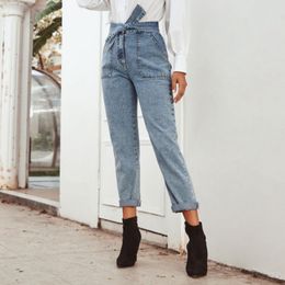 Autumn New High Waist Jeans Women Casual Denim Bow Knot Pants Belt Strap Retro Jeans Ladies Pants Loose Pants 210419