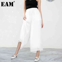 [EAM] High Elastic Waist White Leisure Long Wide Leg Trousers Loose Fit Pants Women Fashion Spring Summer 1X8240 210512