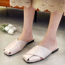 SLHJC Women Leather Slippers Square Toe Mules Shoes Low Heel Fashion Sandals Casual Outside Drags Slides 210928