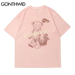 T-Shirts Men Streetwear Hip Hop Cartoon Bear Flower Basket Print Short Sleeve Tees Cotton Casual Harajuku Tshirts Tops 210602