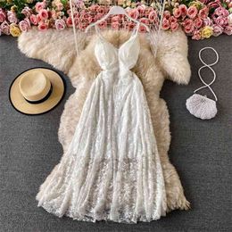 Summer Fashion Temperament Vestidos Women's Backless Slim Slimming Lace Sling Big Swing Midi Dress C915 210506