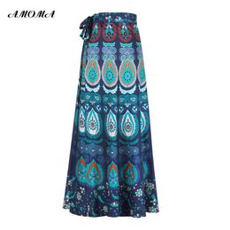 maxi wrap skirts NZ - Skirts AMOMA Women Indie Folk Wrap Skirt High Waist Side Split Floral Print Casual Tie Up Wrap-around Maxi