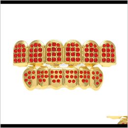 Grillz, Dental Grills Body Drop Delivery 2021 Glod Sier Plated Iced Out Red Rhinestones Hip Hop For Mouth Grillz Caps Top & Bottom Grill Set