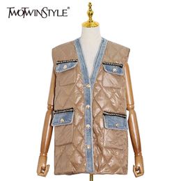Patchwork Argyle Denim Vest For Women V Neck Sleeveless Casual Cotton Coat Female Fashion Clothing 210524