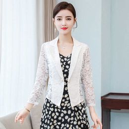 Women Summer Elegant Plus Size Long Sleeve Hollow Out All Match Short Blazers Female Lace Patchwork Office Lady Suits Coats A156 X0721