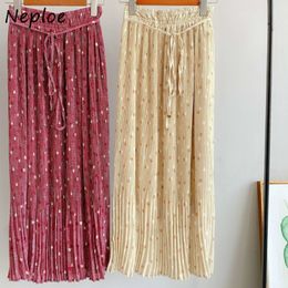 Neploe Chic Love Heart Print Pleated Skirts Spring Summer Ruffles Patchwork Women Skirt Drawstring Stretch Waist Jupe 210510